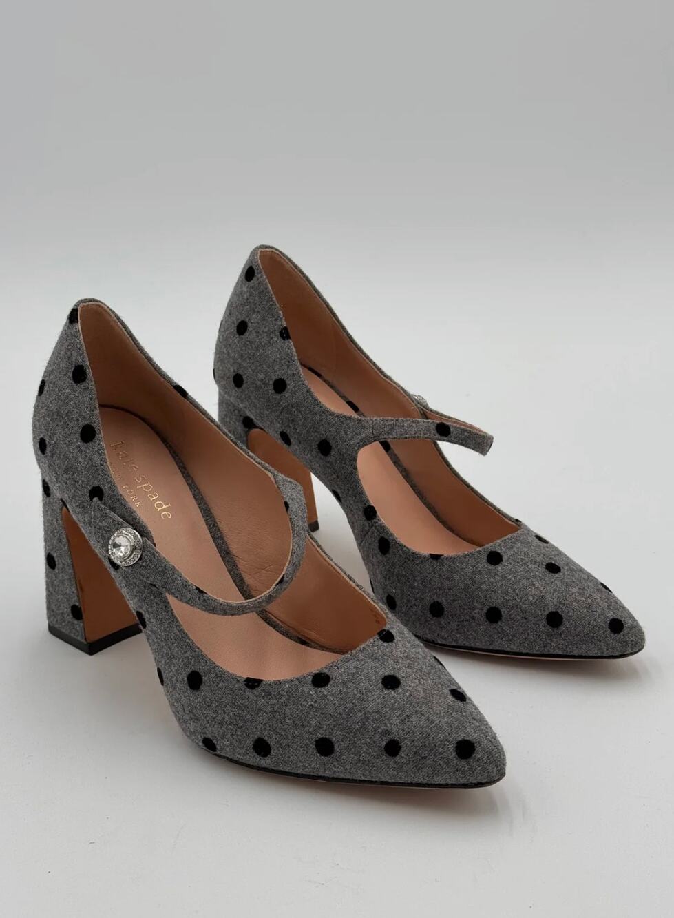 Kate Spade Maren Pumps Gray Felt Black Velvet Polka Dots Heels Shoes size 6